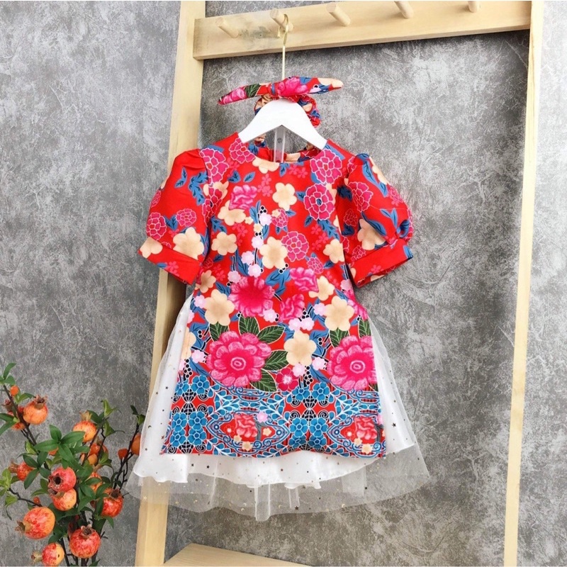 Sét áo dài 3 chi tiết chất gấm hàng đẹp cho bé gái từ 8-35kg