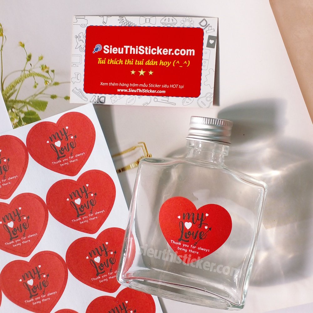 Tem dán My love hình trái tim kích thước 4cmx3cm, dán trang trí hộp quà, thiệp, quà tặng, hoa dịp valentine, quà 8/3