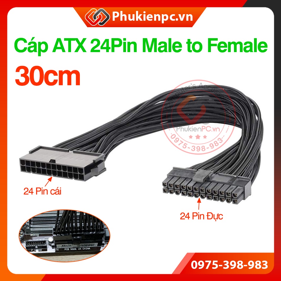 Cáp nguồn PSU ATX 24pin Đực sang Cái (Male to Female), dài 30cm. Dùng nối dài nguồn 24 chân cho Main máy tính Mod DIY PC