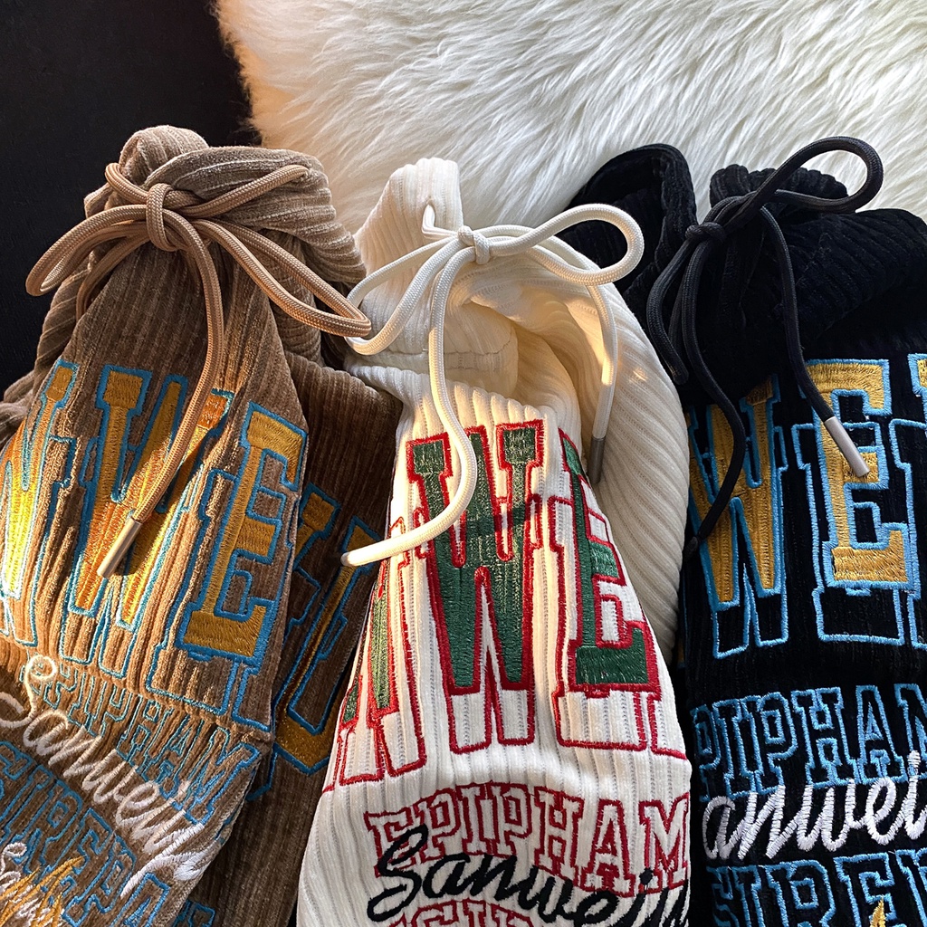 Áo Hoodies Nhung Kẻ Hoạ Tiết Chữ Thêu Thiết Kế Dáng Rộng Thoải Mái