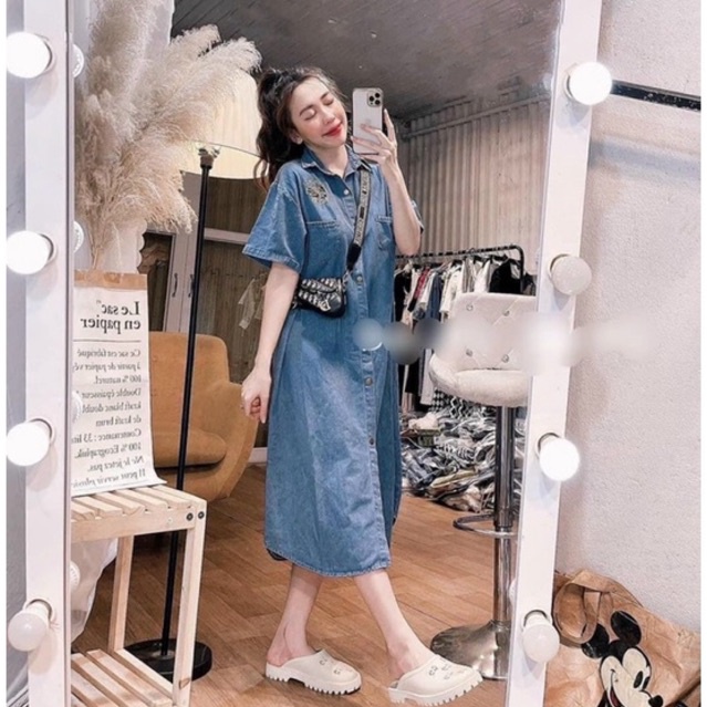 Đầm Denim Phong Cách Hàn Quốc V130, Váy Sơ Mi Jeans Ngắn Tay Dáng Xuông Rộng Hàng QC Có Sẵn Lemie By Lekemqc