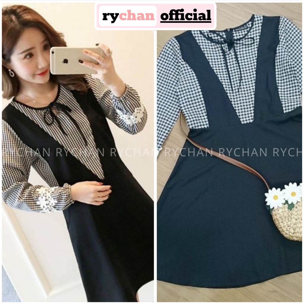 [ẢNH THẬT CUỐI] Đầm Xòe Caro Phối Đen Nơ Cổ - DX683