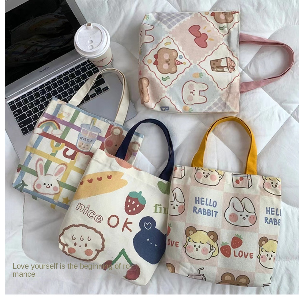 Túi Xách Vải Canvas Cỡ Nhỏ In Hoạt Hình Gấu Đáng Yêu