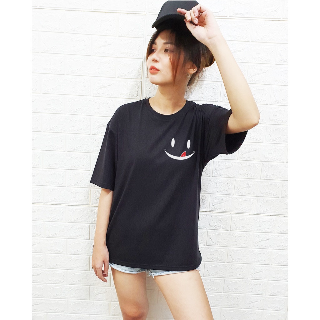 Áo form rộng nữ Toli cổ tròn vải thun cotton kiểu hàn quốc in hình hoạ tiết ( Đen- Mặt cười)
