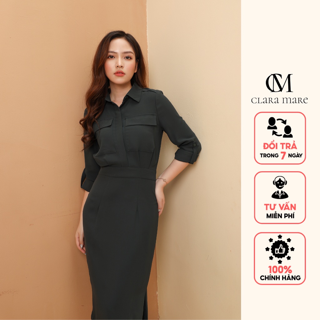 Đầm sơ mi dài sang trọng CLARA MARE túi ốp, xẻ sườn chất liệu vải Babi Tuypsi Hàn, co giãn nhẹ 2 lớp DRE30401
