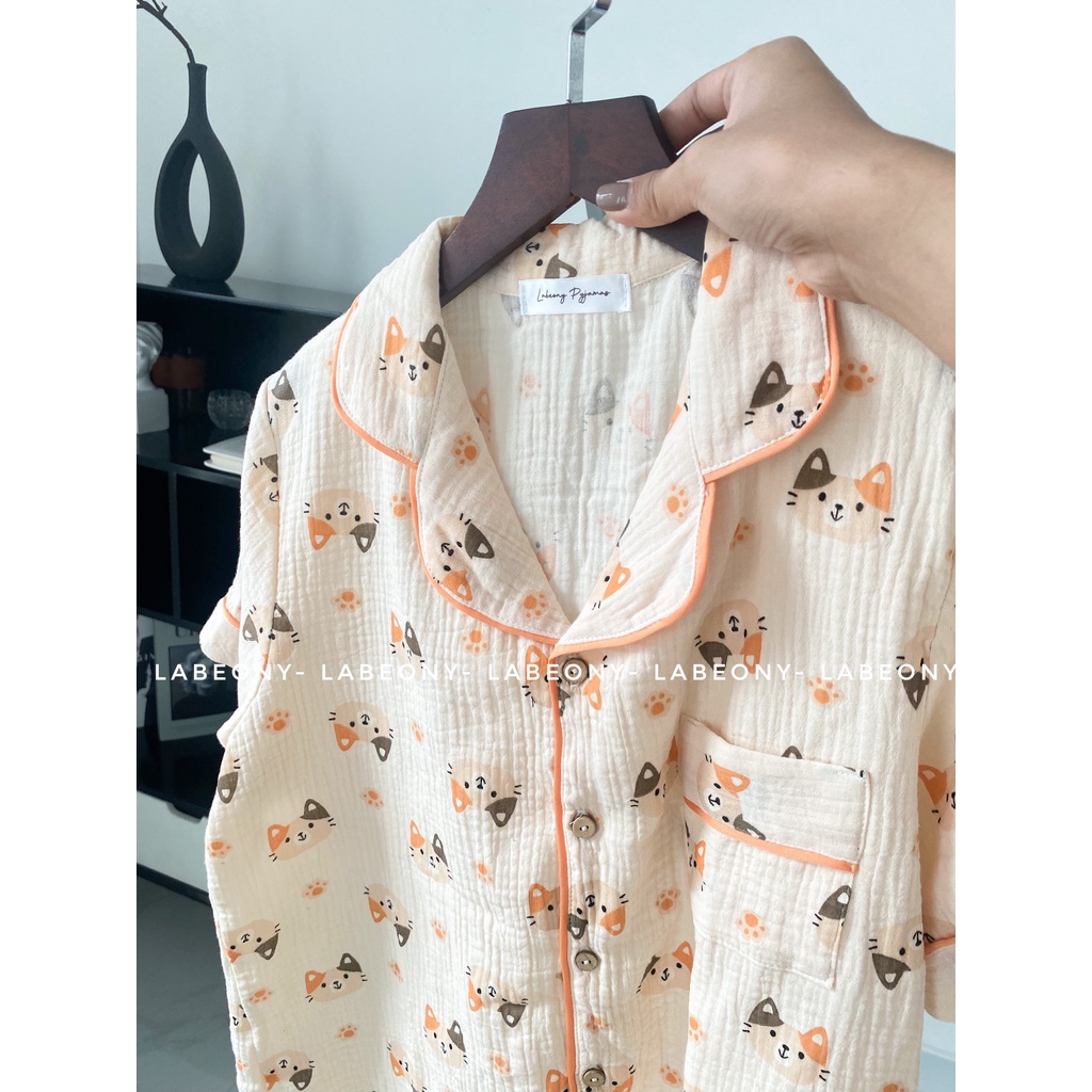 Pyjama tết đồ mặc nhà đồ bộ mèo cam xô muslin cao cấp mềm mát Labeony