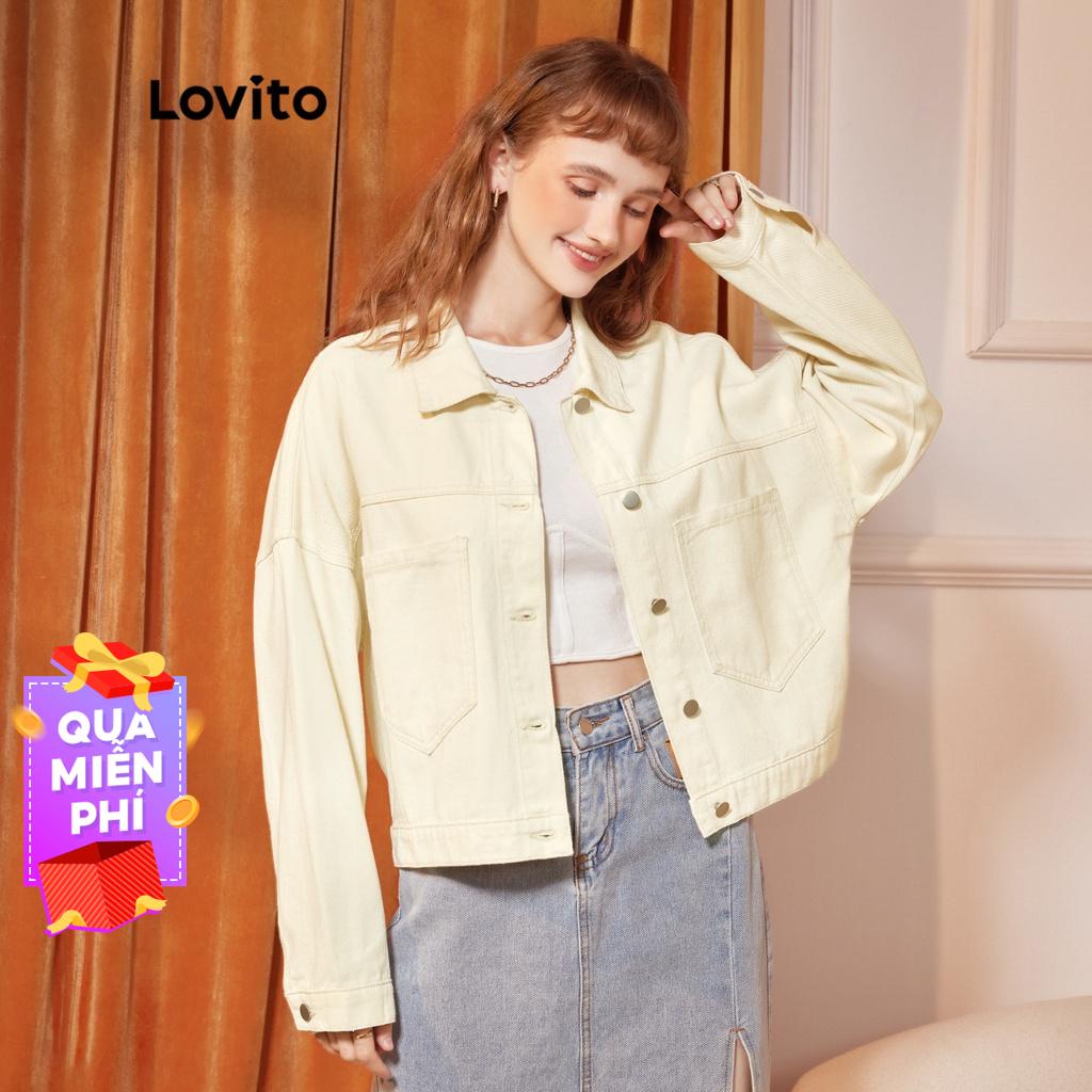 Lovito Áo khoác Denim nữ có cổ giản dị dài tay có túi L35ED041 (Trắt trắng)