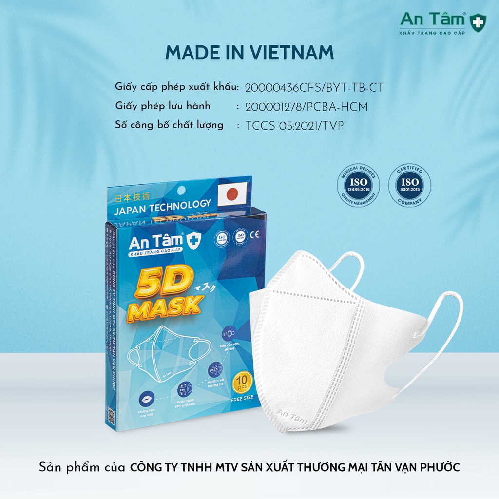 Thùng 100 cái - Khẩu trang y tế 5D 3 lớp Vải Không Dệt & Giấy Kháng Khuẩn Chính Hãng AN TÂM - Túi 10 cái