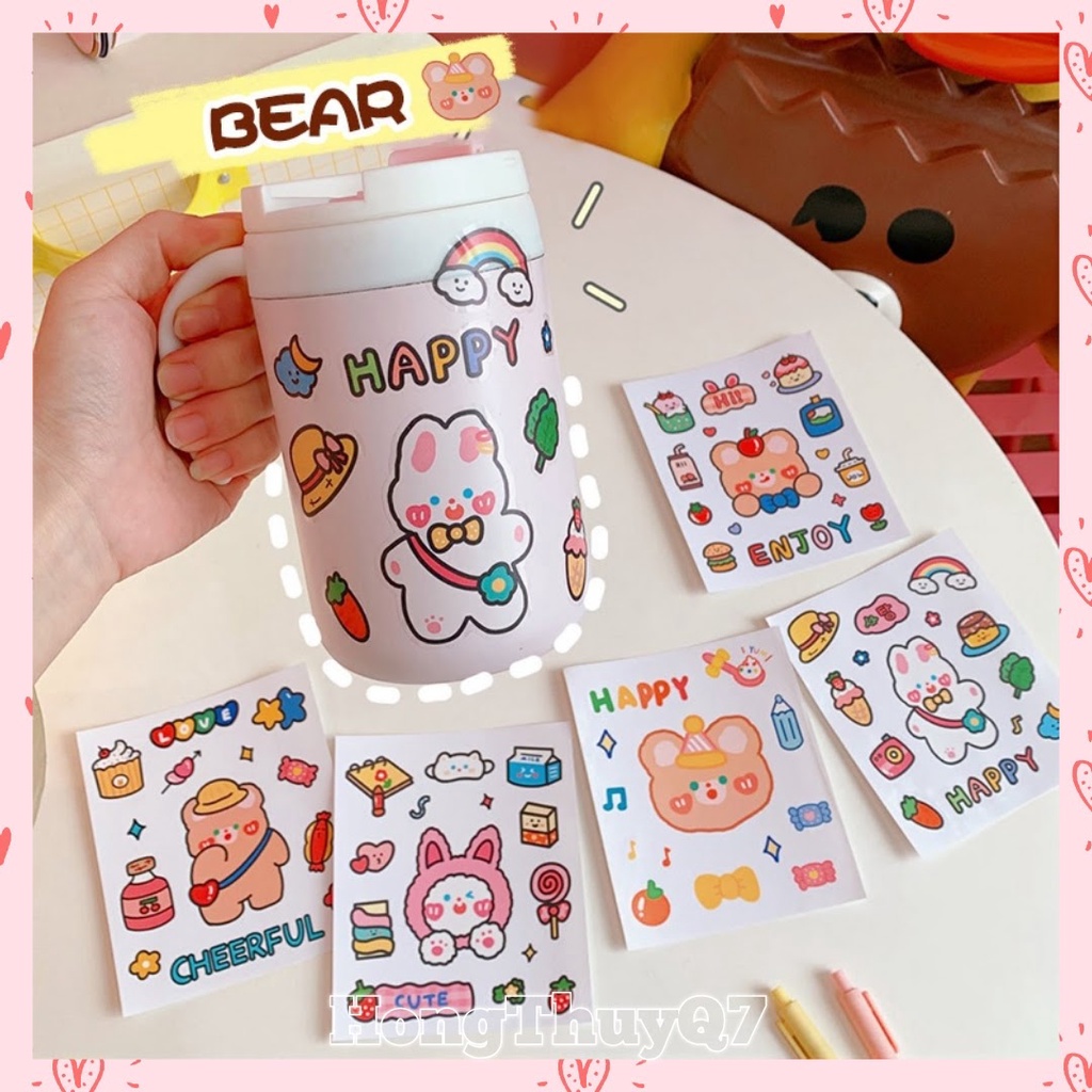 Nhãn dán gấu thỏ siêu cute dán bình nước, ốp lưng chống thấm nước /11.33/ - HongThuyQ7