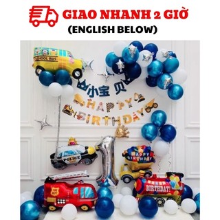 Bộ bong bóng trang trí tiệc thôi nôi chủ đề xe cộ cho bé trai màu xanh tnoi29
