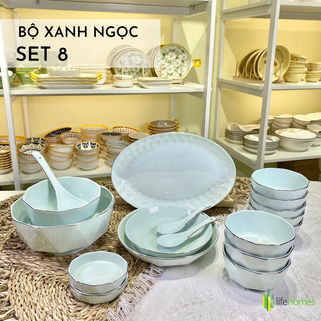 Bộ bát đĩa gốm sứ Xanh Ngọc đa cạnh Lifehomes Decor , Set chén tô ăn cơm cao cấp phong cách Châu Âu