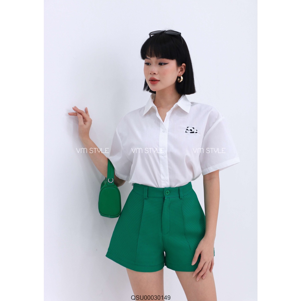 Quần short nữ VMSTYLE ống rộng gấp gấu lưng cao, vải ô vuông nhiều màu - QSU00030