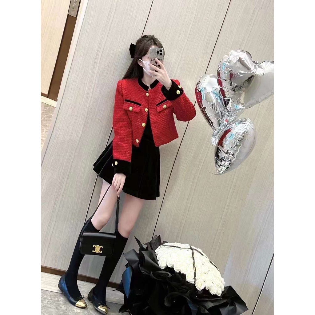 Khoác TWEED đỏ cổ trụ đen 9177