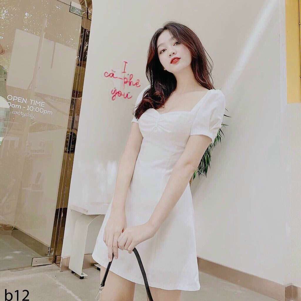 (Sale FreeShip) Đầm nữ dáng ngắn,đầm cổ vuông tay phồng nhún ngực xinh xắn,thiết kế nhẹ nhàng lên from sang chảnh