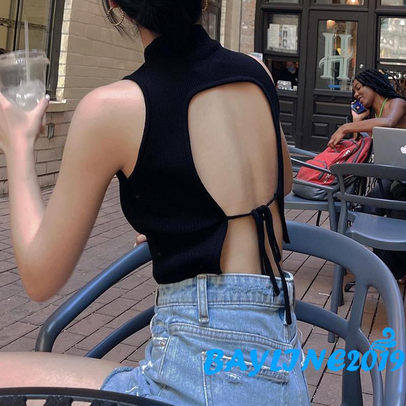 Áo Croptop Hai Dây Cổ Tròn Hở Lưng Cột Dây Màu Đen Phong Cách Đường Phố Thời Trang Mùa Hè Cho Nữ