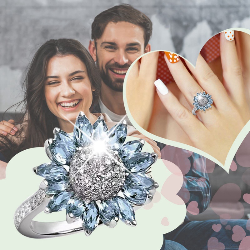 Nhẫn Đính Đá Xanh Hình Hoa Hướng Dương Thời Trang