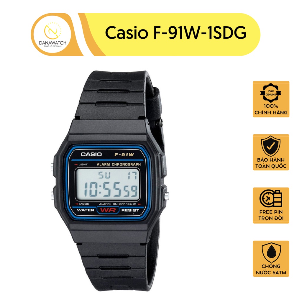 Đồng hồ nam Casio F-91W-1SDG thiết kế tối giản màu đen lịch lãm nam tính mặt số điện tử dễ quan sát