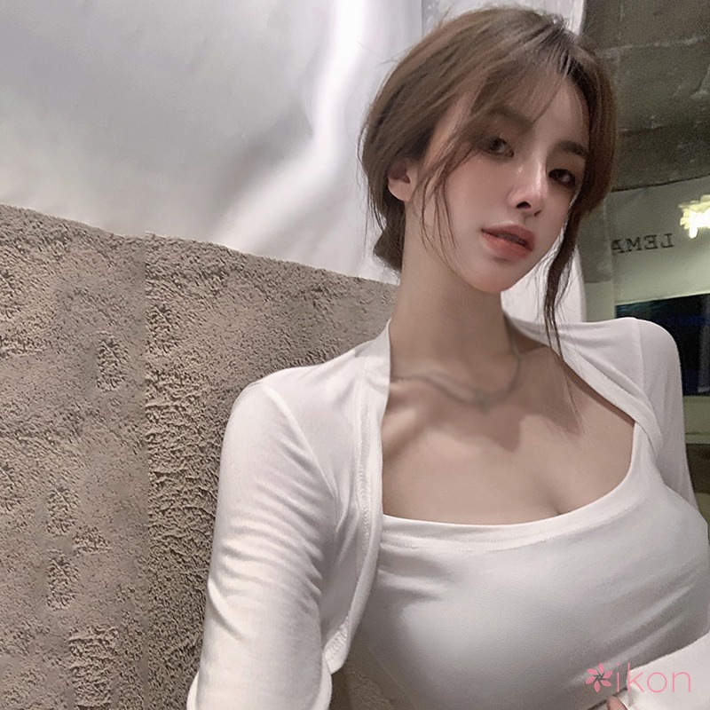 Áo Thun Cotton Tay Dài Cổ Vuông Màu Trơn Phong Cách Hàn Quốc Dành Cho Nữ