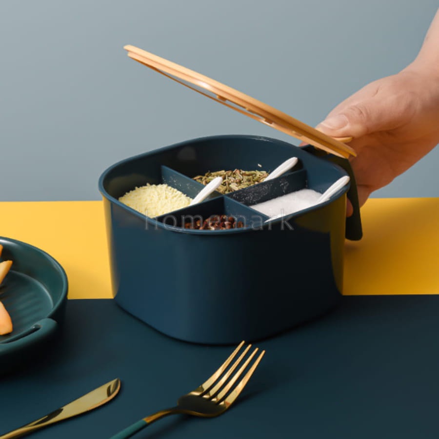 Hộp Nhựa Đựng Gia Vị 4 Ngăn Tiện Lợi, Hộp Đựng Gia Vị Có Nắp Đạy Kèm Muỗng