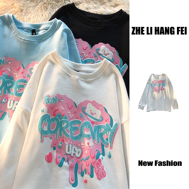 【HangFei】Áo Thun Nỉ Tay Dài Dáng Rộng In Hình Gấu Dễ Thương