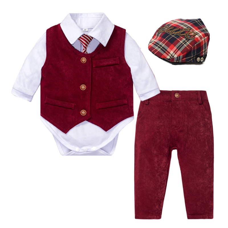 Set Đồ Vest 1 Tuổi Gồm Áo Liền Quần + Quần Đỏ + Cà Vạt + Nón Cho Bé Trai