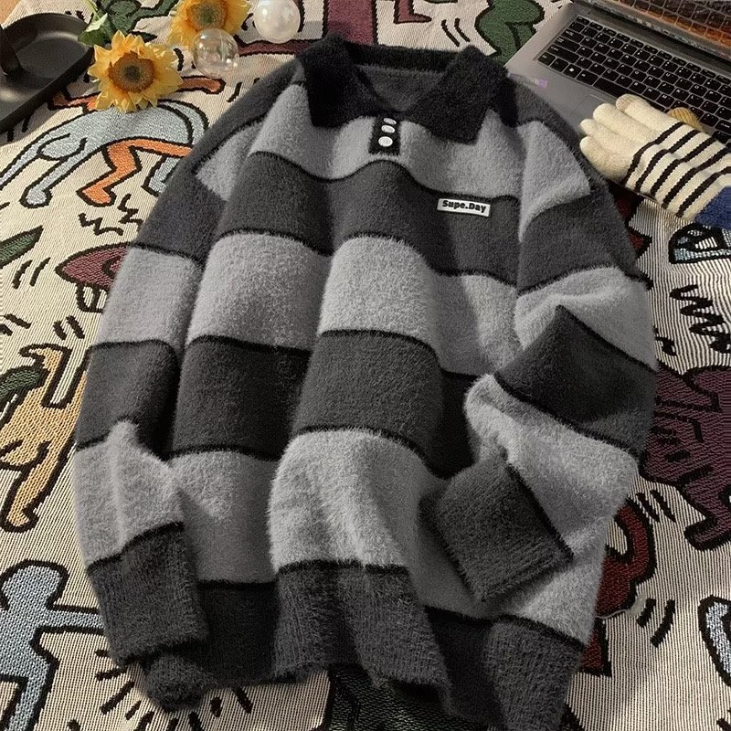 Áo Sweater Cổ Polo Kẻ Sọc Màu Sắc Tương Phản Phong Cách Nhật Bản Thời Trang Thu Đông Cho Cặp Đôi Size M-2XL
