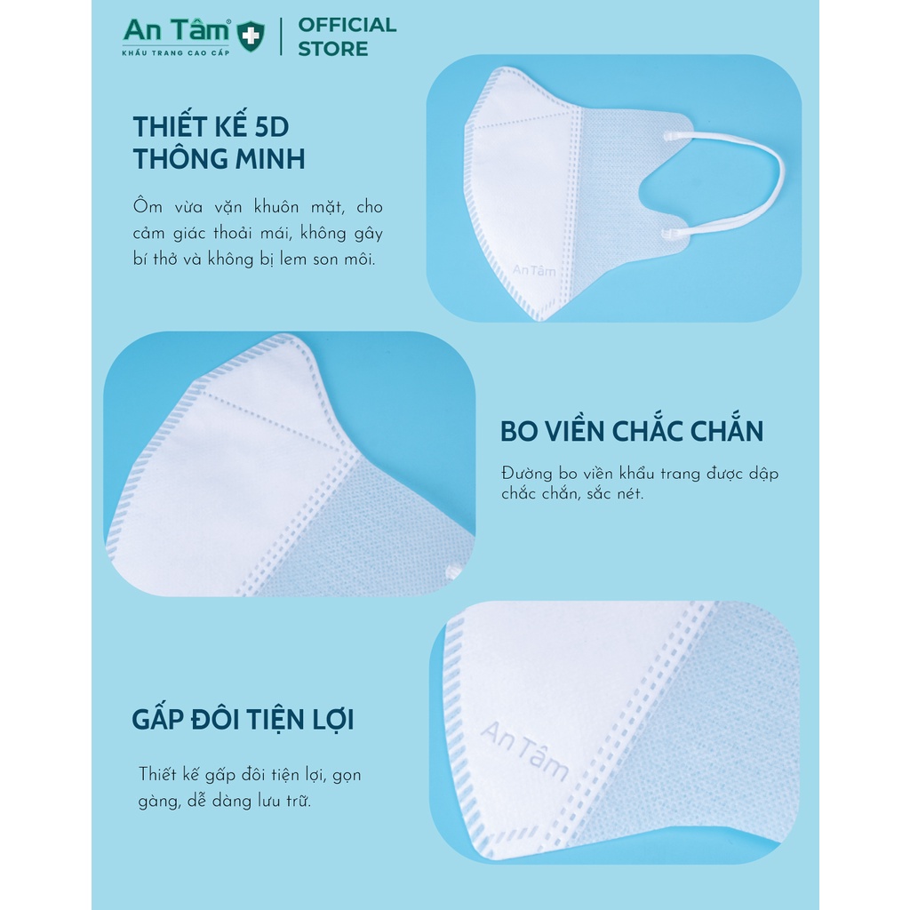 Khẩu trang y tế 5D 3 lớp Vải Không Dệt &amp; Giấy Kháng Khuẩn Chính Hãng AN TÂM - Hộp/Bịch 10 cái