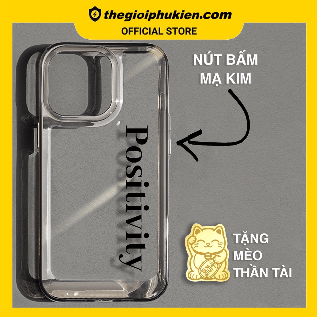 Ốp lưng iphone trong suốt siêu dày Positivity viền vuông nút bấm kim loại dành cho ip 6 đến 14promax - sd2005