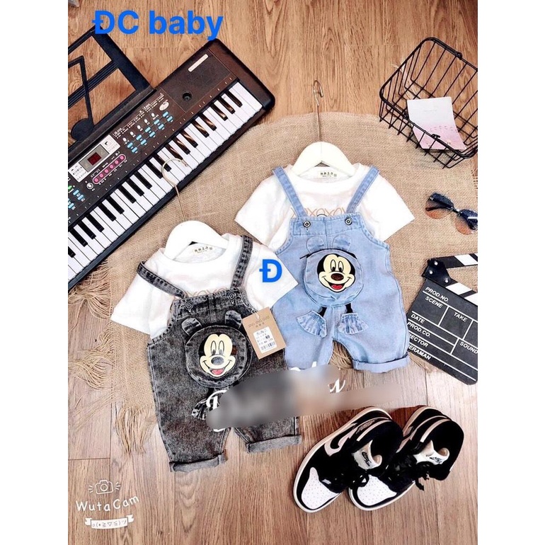 Yếm jean mickey phối áo trắng cho bé 8-18kg