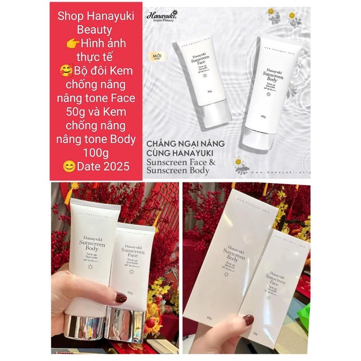 Combo Kem Chống Nắng Nâng Tông Cho Mặt và Body Hanayuki Sunscreen Face 50gr và Kem Chống