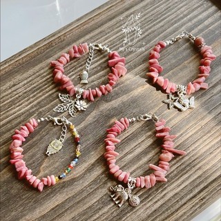 Vòng tay handmade Rhodonite màu hồng Tường Vi mix hạt charm Pha, charm titan lê dễ thương