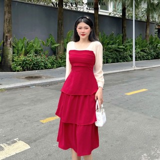 Đầm dự tiệc Nhật Vy cổ vuông dài tay dáng xoè tầng chất voan nhung phù hợp đi chơi dạo phố sang chảnh - D2642