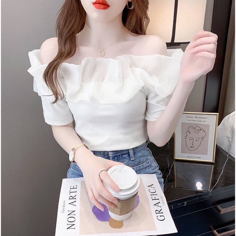 Áo trễ vai phối lưới phong cách điệu đà cho nữ