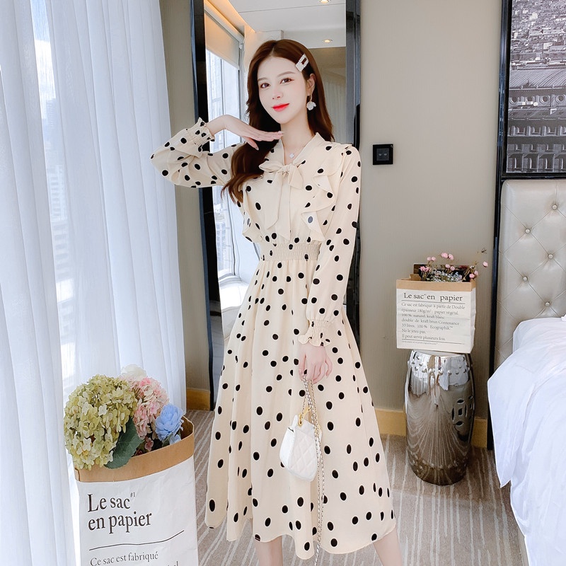 Hàng Mới Về Đầm Chữ A Tay Phồng Cổ Chữ v Họa Tiết Chấm Bi Phối Nơ Eo Co Giãn Thời Trang Cho Nữ