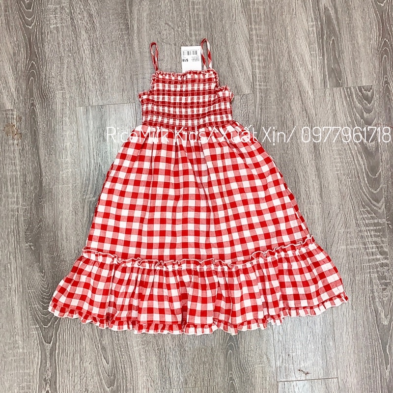 Váy maxi hai dây smock kẻ đỏ xuất dư xịn