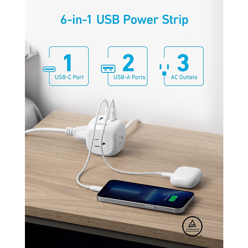 Ổ cắm điện Anker hỗ trợ 1 cổng sạc USB-C 20W PD 2 cổng sạc USB 12W và 3 lỗ cắm điện