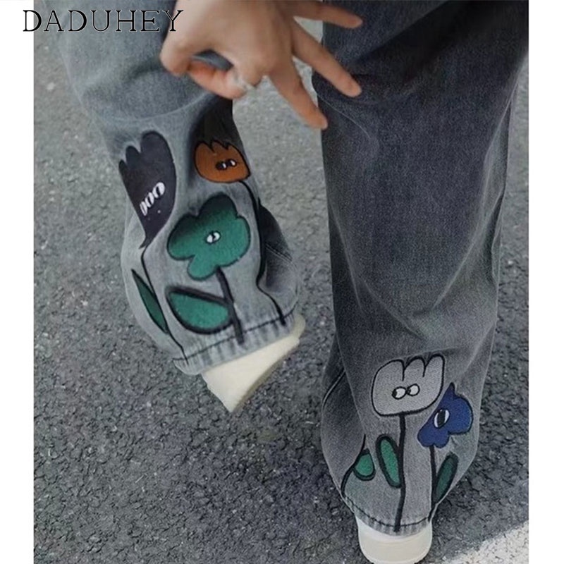 Daduhey Quần jeans dáng rộng lưng cao thêu hoa kiểu Mỹ kích thước lớn thời trang cho nữ