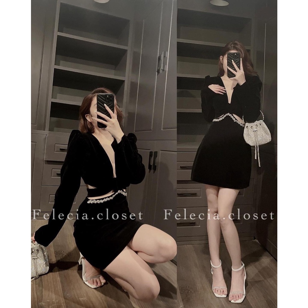 Váy Nhung Xoài Non Viền Đá Khoét Eo Hot Hit 2 Màu Có Lót Quần sang chảnh sexy dự tiệc đám cưới Tết