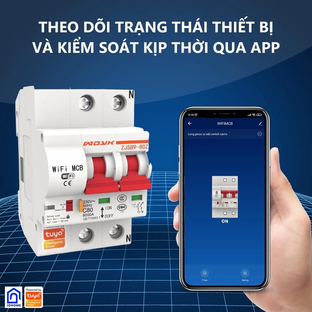 Aptomat CB thông minh Wifi/ Zigbee qua App Smart life Tuya, Công suất 25,40,63, 80A - 1P, 2P, 3P,4P Điều khiển giọng nói