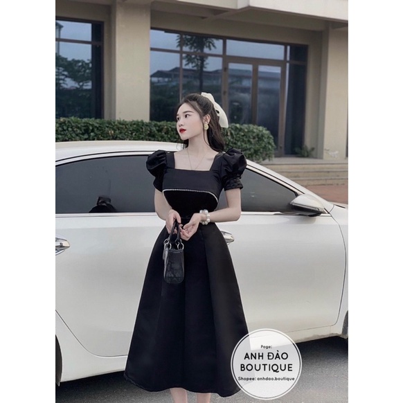 Váy nữ xoè cưới dự tiệc tay phồng ngực viền ngọc màu trắng đen chất lụa V336 fullsize AĐ BOUTIQUE