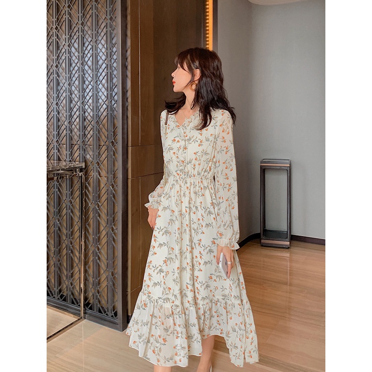 Đầm Hoa Tay Dài Cổ Chữ V Phong Cách Hàn Quốc Thời Trang Xuân Hè Mới 2023