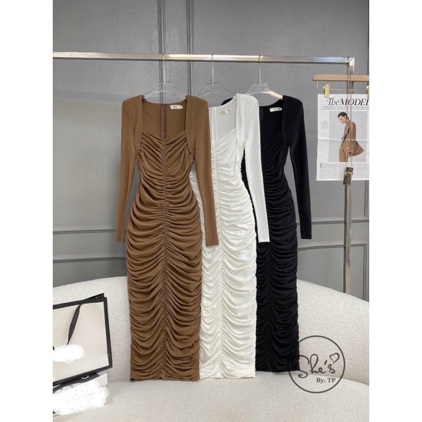 ĐẦM BODY CỔ VUÔNG TAY DÀI NHÚN HÔNG