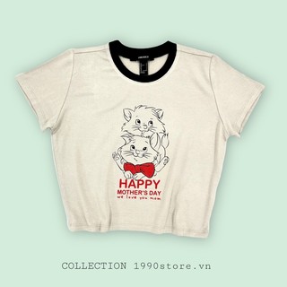 Áo thun tay ngắn chất cotton tay viền in mèo vnxk