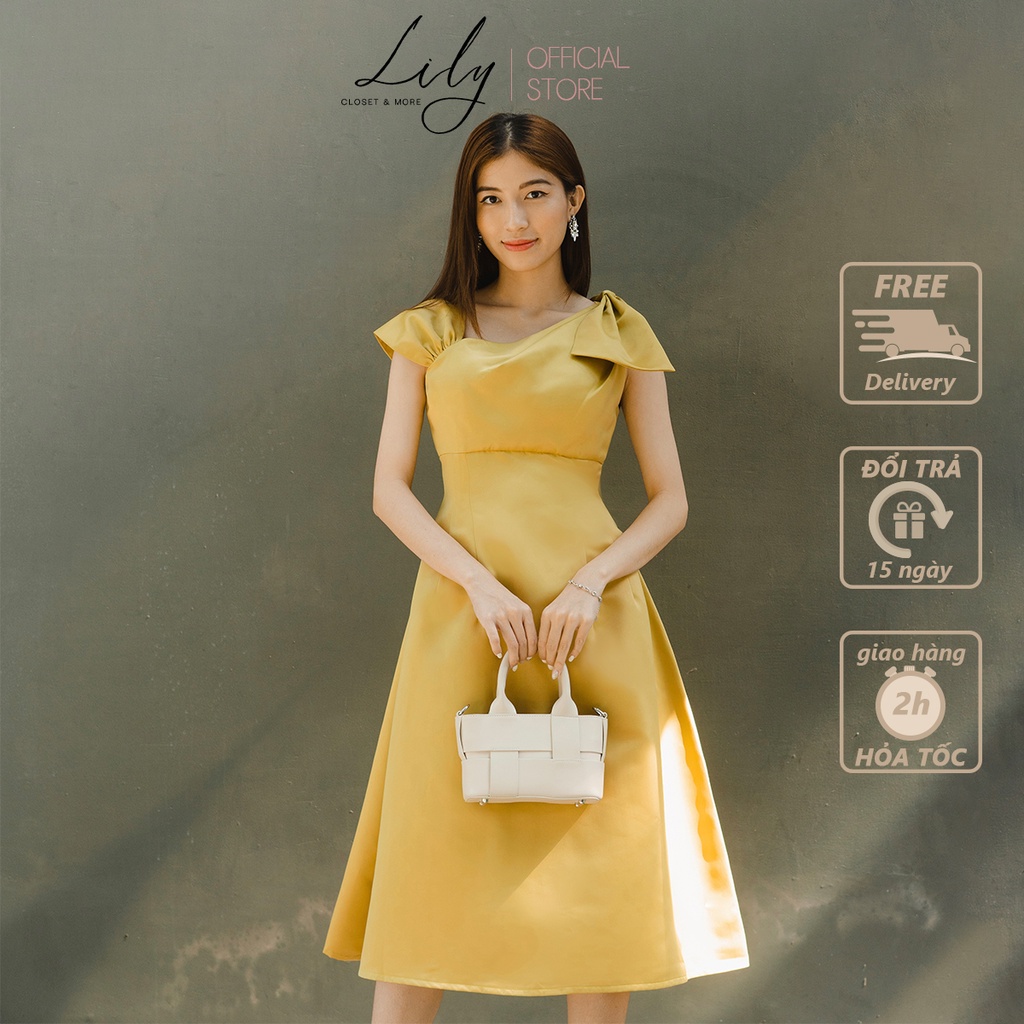 Đầm công sở nơ tay Lily Closet đầm dự tiệc đi làm, đi chơi, màu vàng trẻ trung, nữ tính, cổ tròn tay ngắn dáng chữ A qua