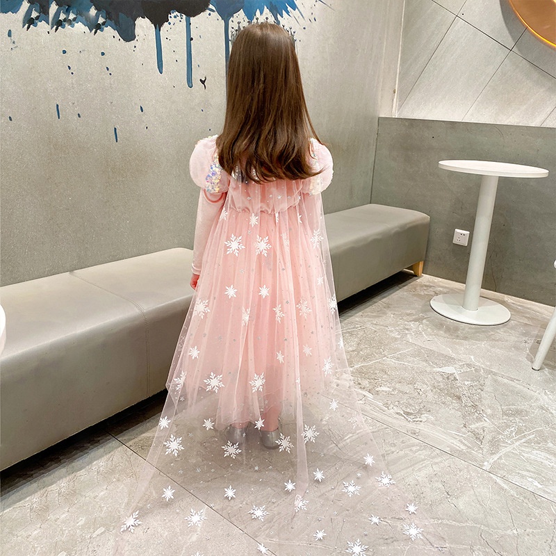 Váy Elsa tay dài màu hồng cam - mẫu mới 2023 cho bé gái 3-10 tuổi