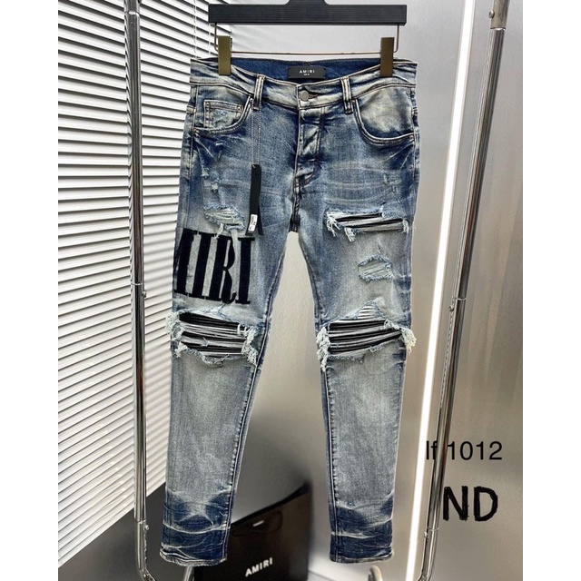 Quần jean bò nam slimfit Amiri wash xanh bạc rách xù vá da nhăn đen thêu chữ đùi ống xếp sóng cao cấp
