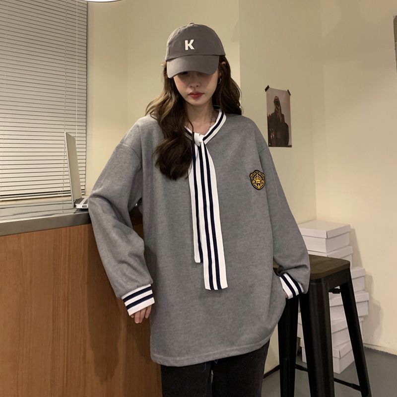 Áo Nỉ Dài Trung Bình Dáng Rộng Thắt Cà Vạt Phong Cách Đại Học Mùa Thu