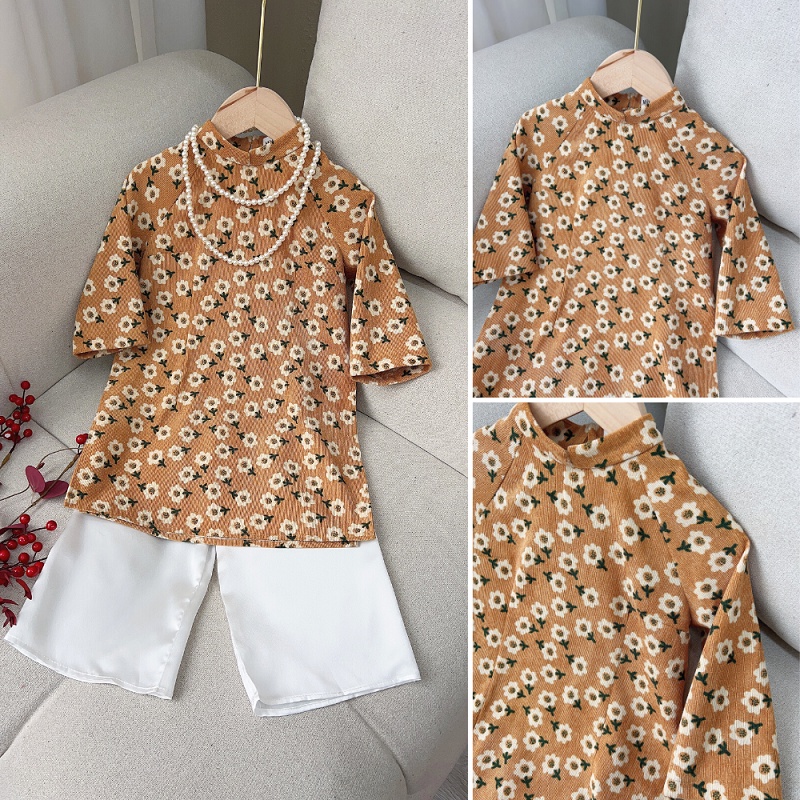 Set Áo Dài Bé Gái Dáng Suông Michi House Váy Xuông Truyền Thống Mặc Lễ Tết Cho Bé Mặc An Toàn Cho Da ADB2