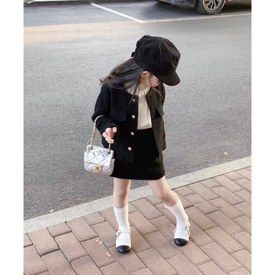 Set 2 chi tiết áo vest và chân váy dạ nhũ bé gái Danchau 76