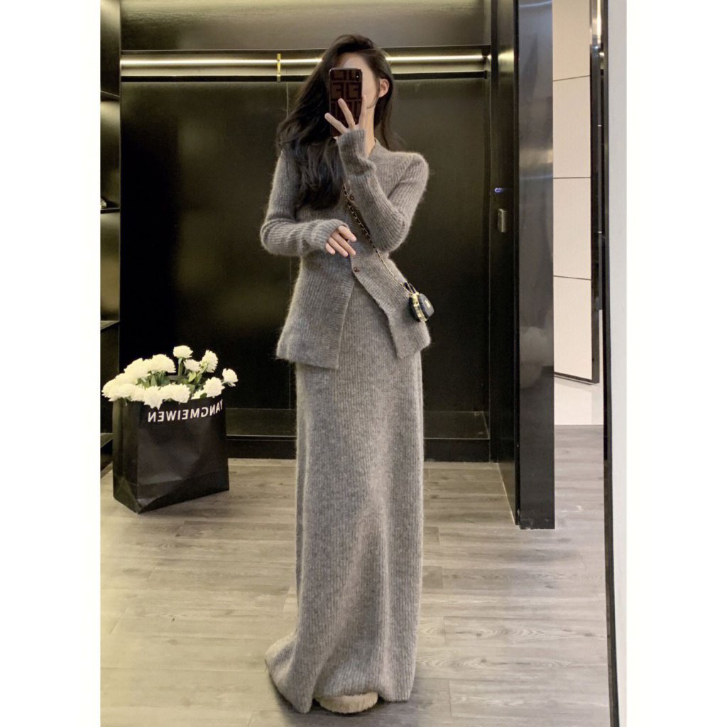 Bộ Áo Khoác Một Mảnh / Chân Váy Dài Màu Trơn Đơn Giản Chất Lượng Cao + Chân Váy Ôm Dáng Thời Trang Thu Đông